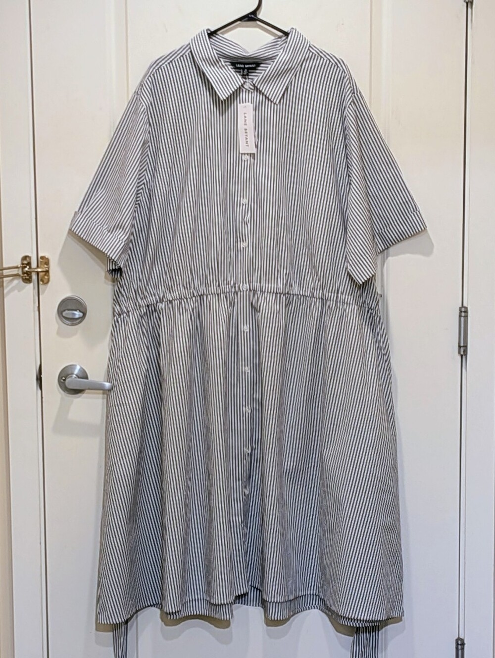 NWT Lane Bryant 4X White and Blue Pinstripe Cotton Blend Tie Waist Shirt Dress